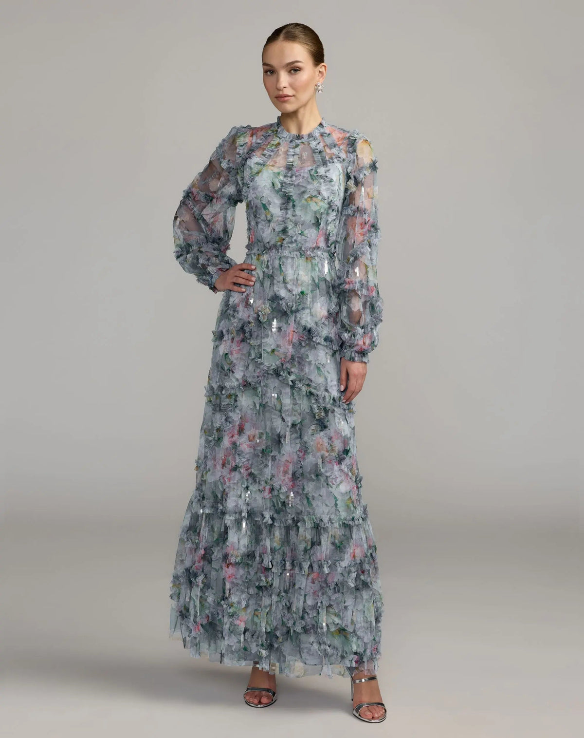 Blue Floral Long Sleeve High Neck Ruffle Maxi Dress
