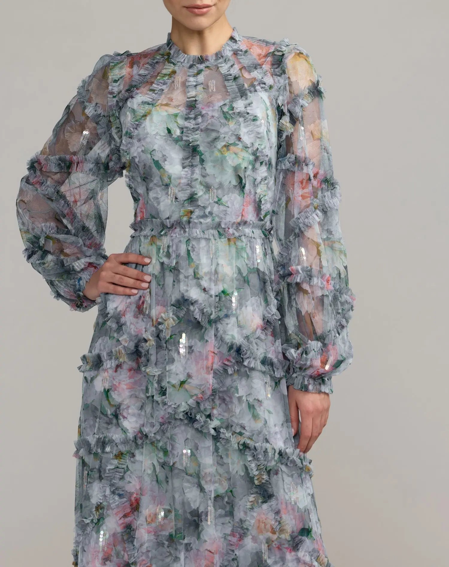 Blue Floral Long Sleeve High Neck Ruffle Maxi Dress
