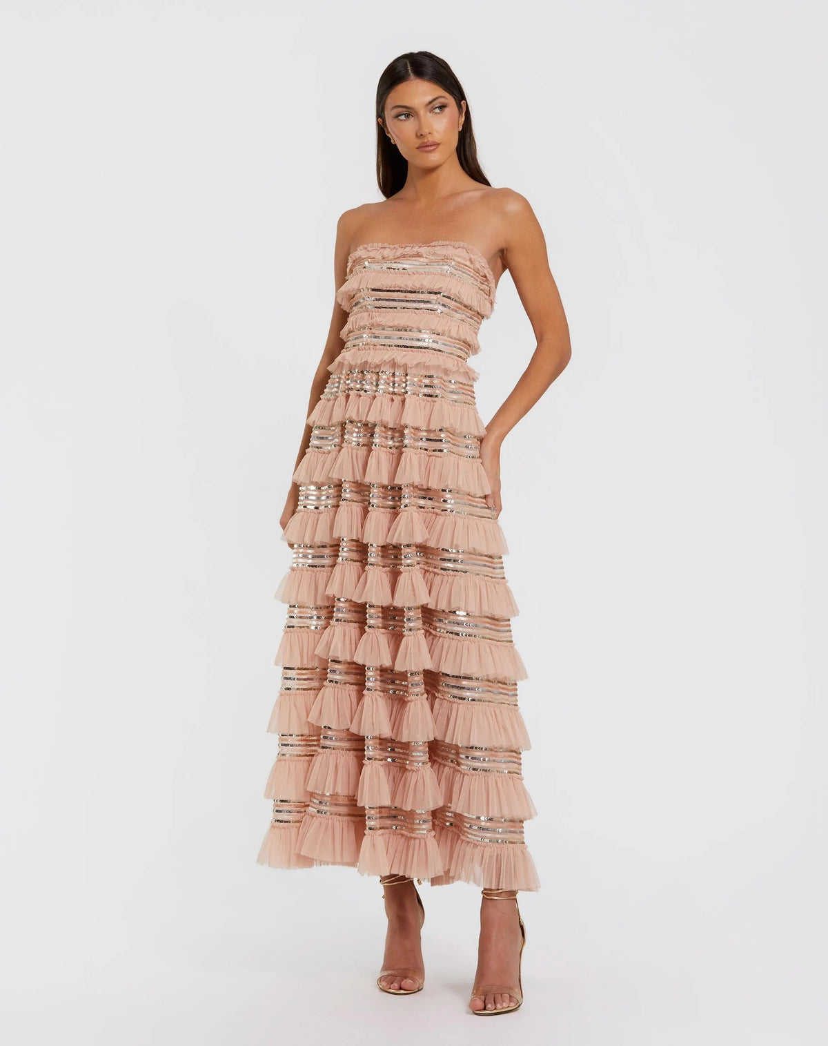Pink Strapless Sequin Micro Ruffle Maxi Dress