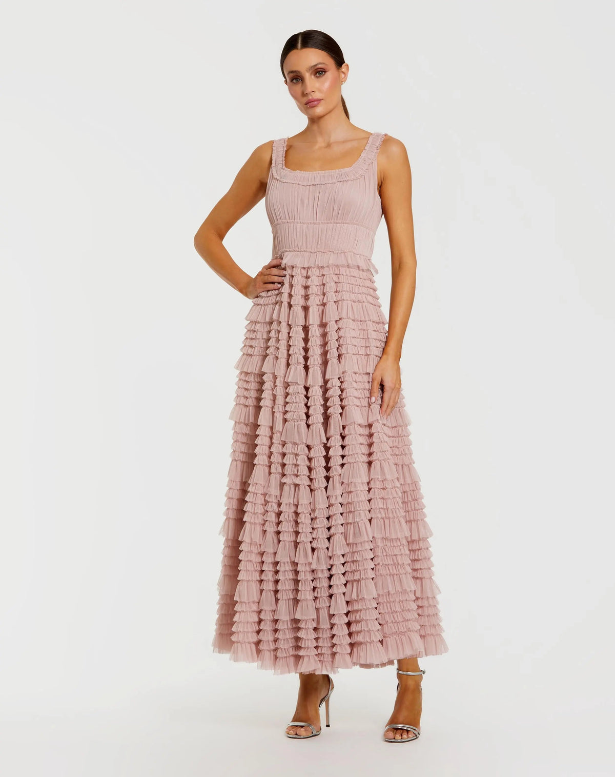 Pink Micro Ruffle Sleeveless Scoop Neck Maxi Dress