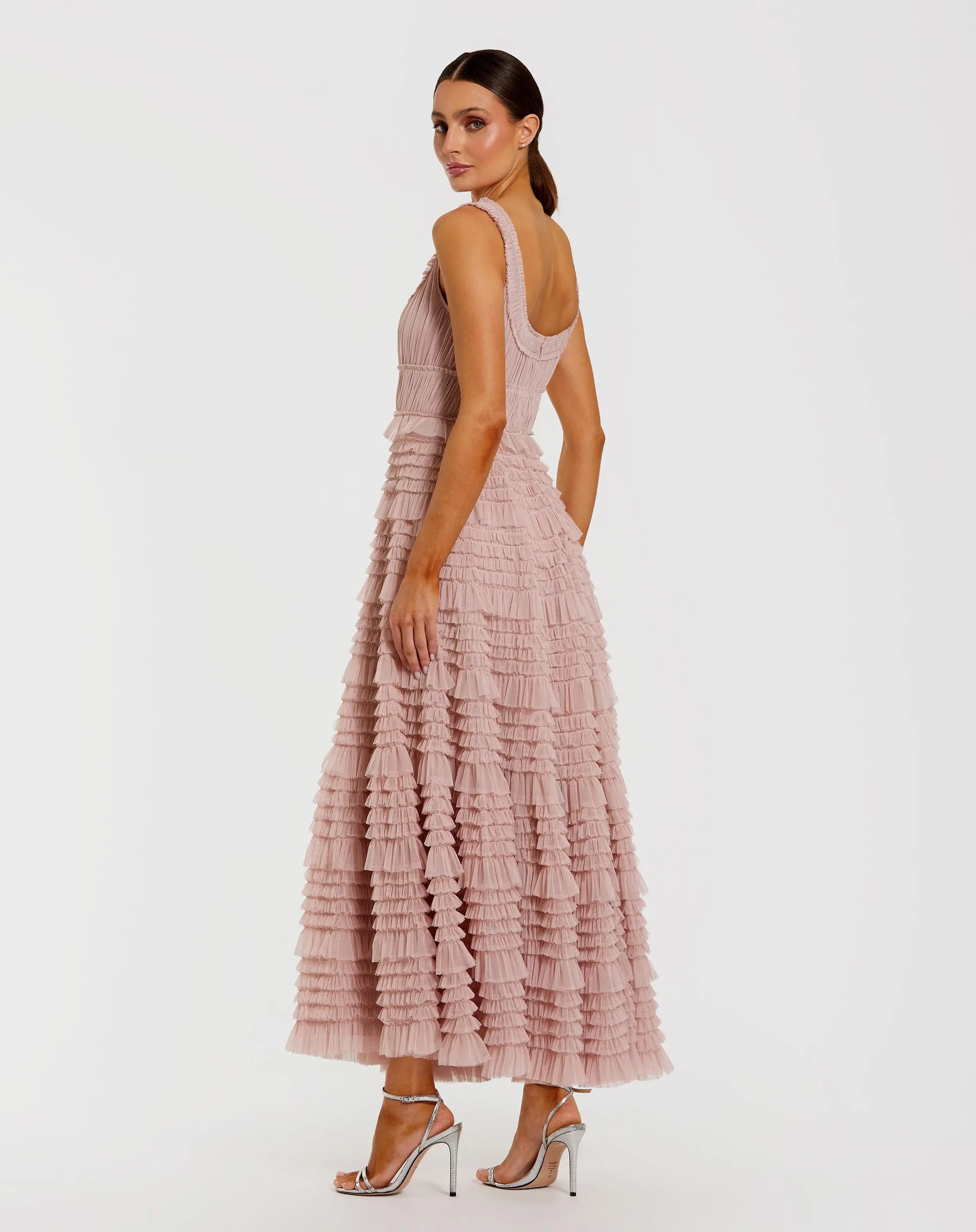 Pink Micro Ruffle Sleeveless Scoop Neck Maxi Dress