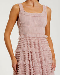 Pink Micro Ruffle Sleeveless Scoop Neck Maxi Dress