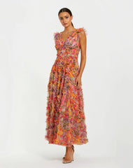 Multicolor Floral V-Neck Ruffle Maxi Dress