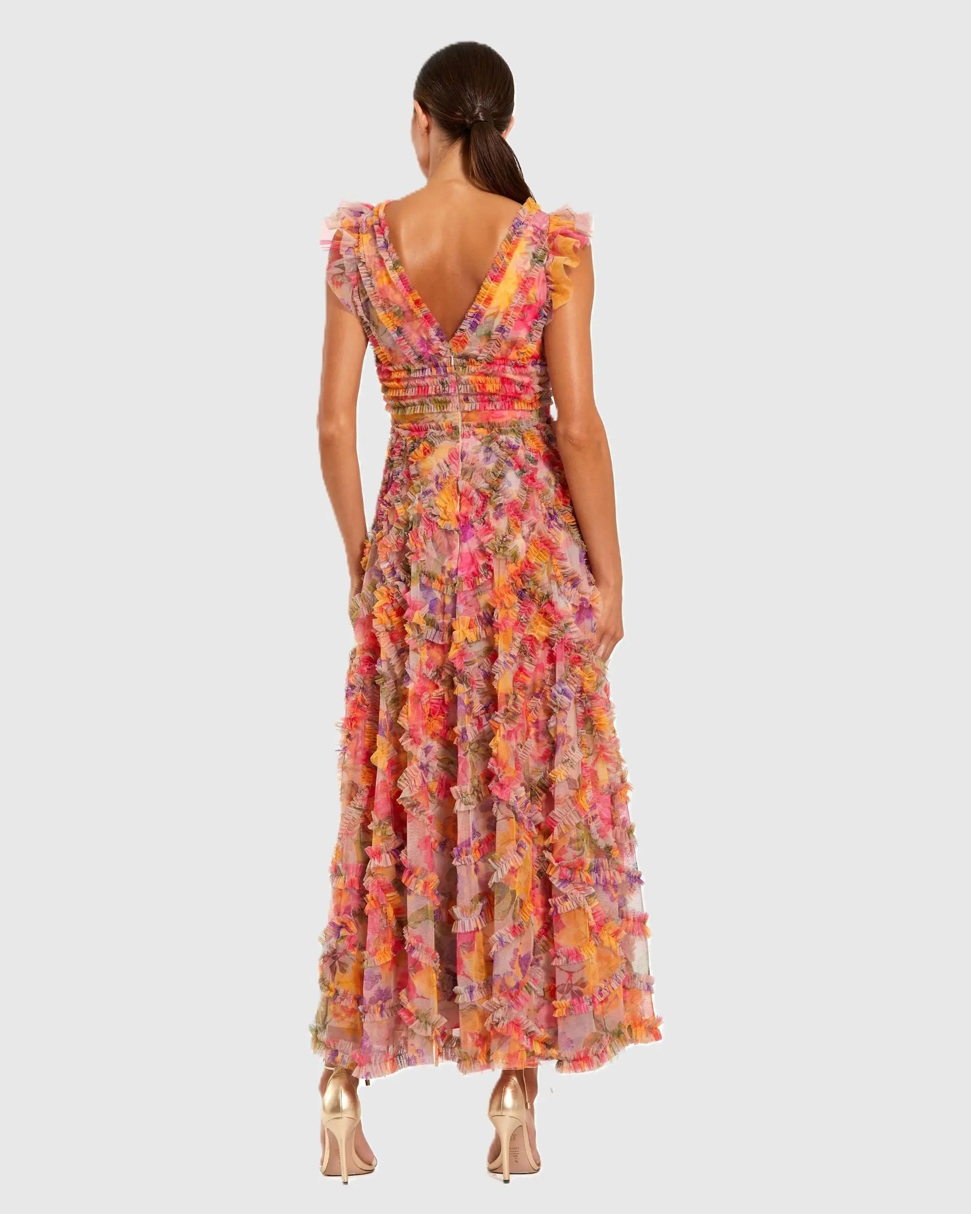 Multicolor Floral V-Neck Ruffle Maxi Dress