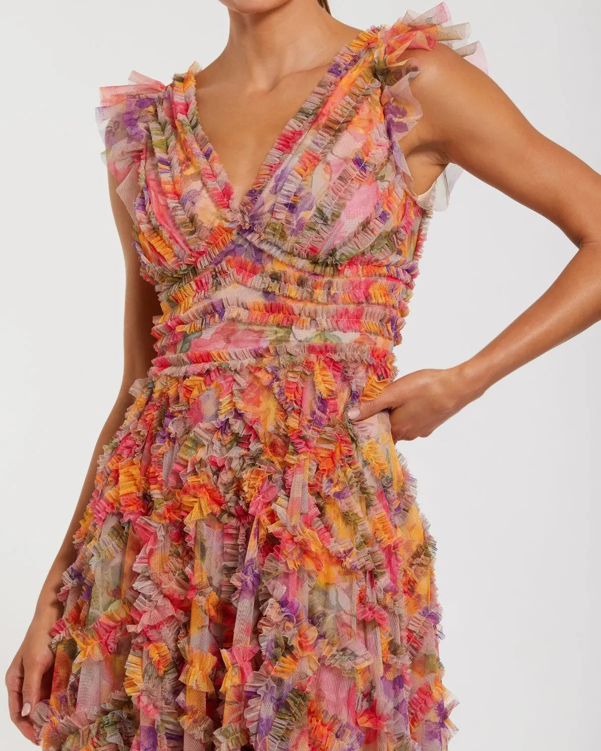Multicolor Floral V-Neck Ruffle Maxi Dress