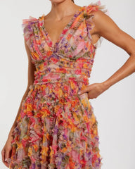 Multicolor Floral V-Neck Ruffle Maxi Dress