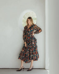 Teal Long Sleeve Floral Midi Dress With Ruffles