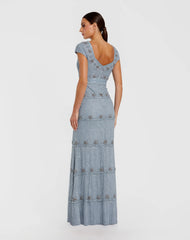 Blue Sequin Cap Sleeve Sweetheart Column Gown