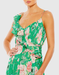 Green Floral Print Ruffled Wrap Over A Line Gown - FINAL SALE