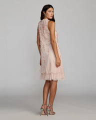 Pink Embellished Ruffle Tiered High Neck Floral Dress