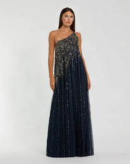 Navy One Shoulder Embellished Trapeze Gown