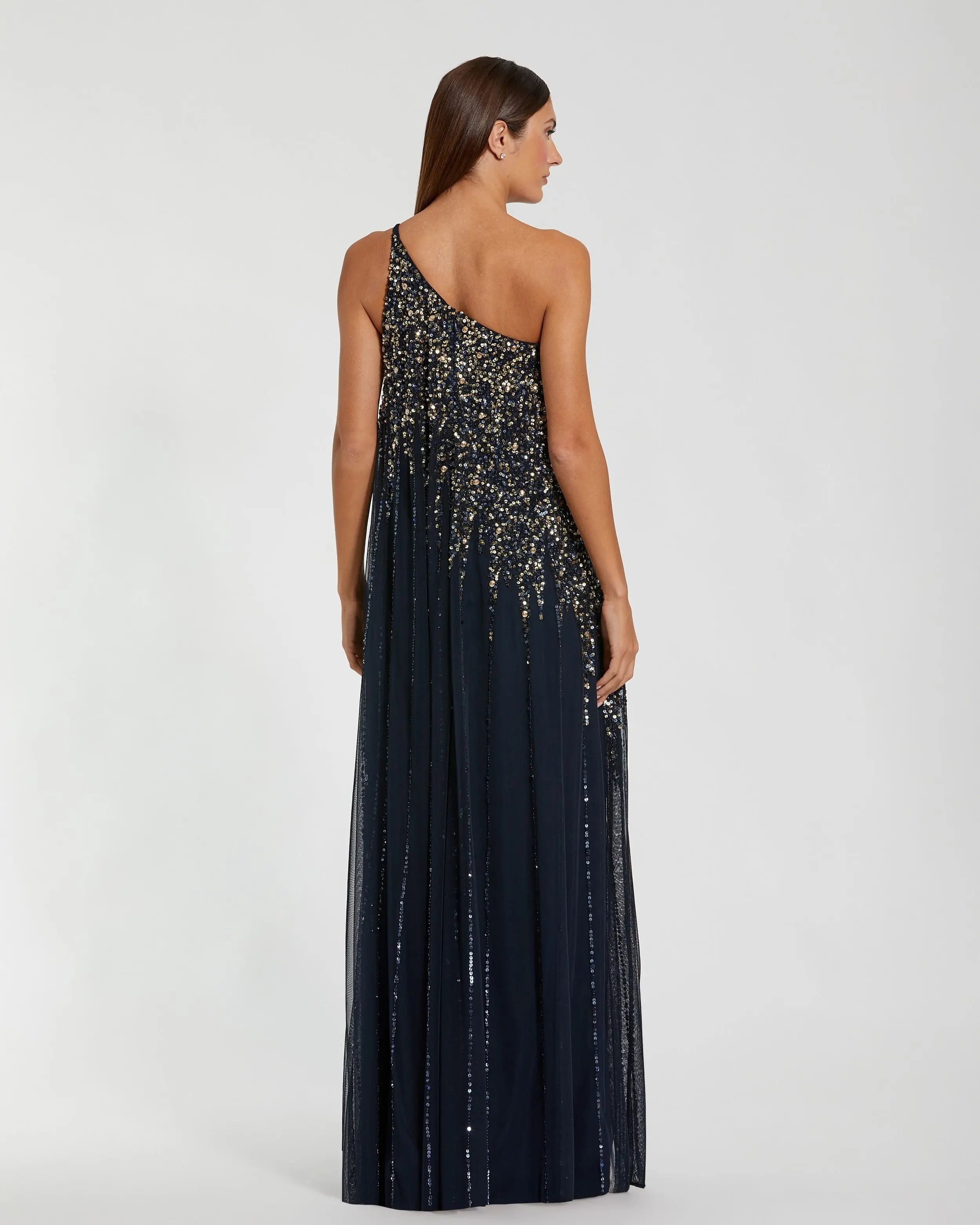 Navy One Shoulder Embellished Trapeze Gown