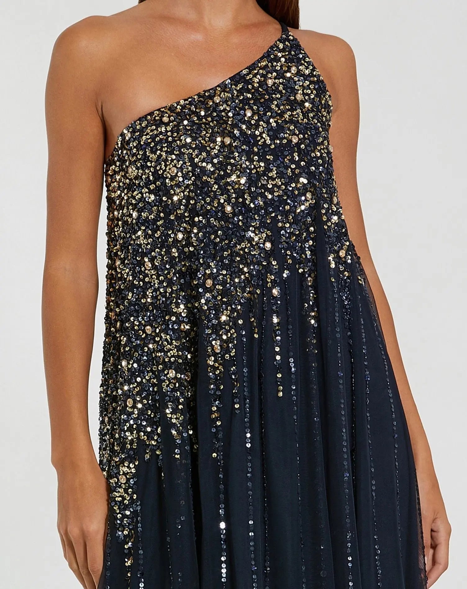 Navy One Shoulder Embellished Trapeze Gown