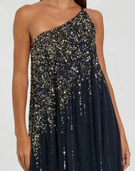 Navy One Shoulder Embellished Trapeze Gown