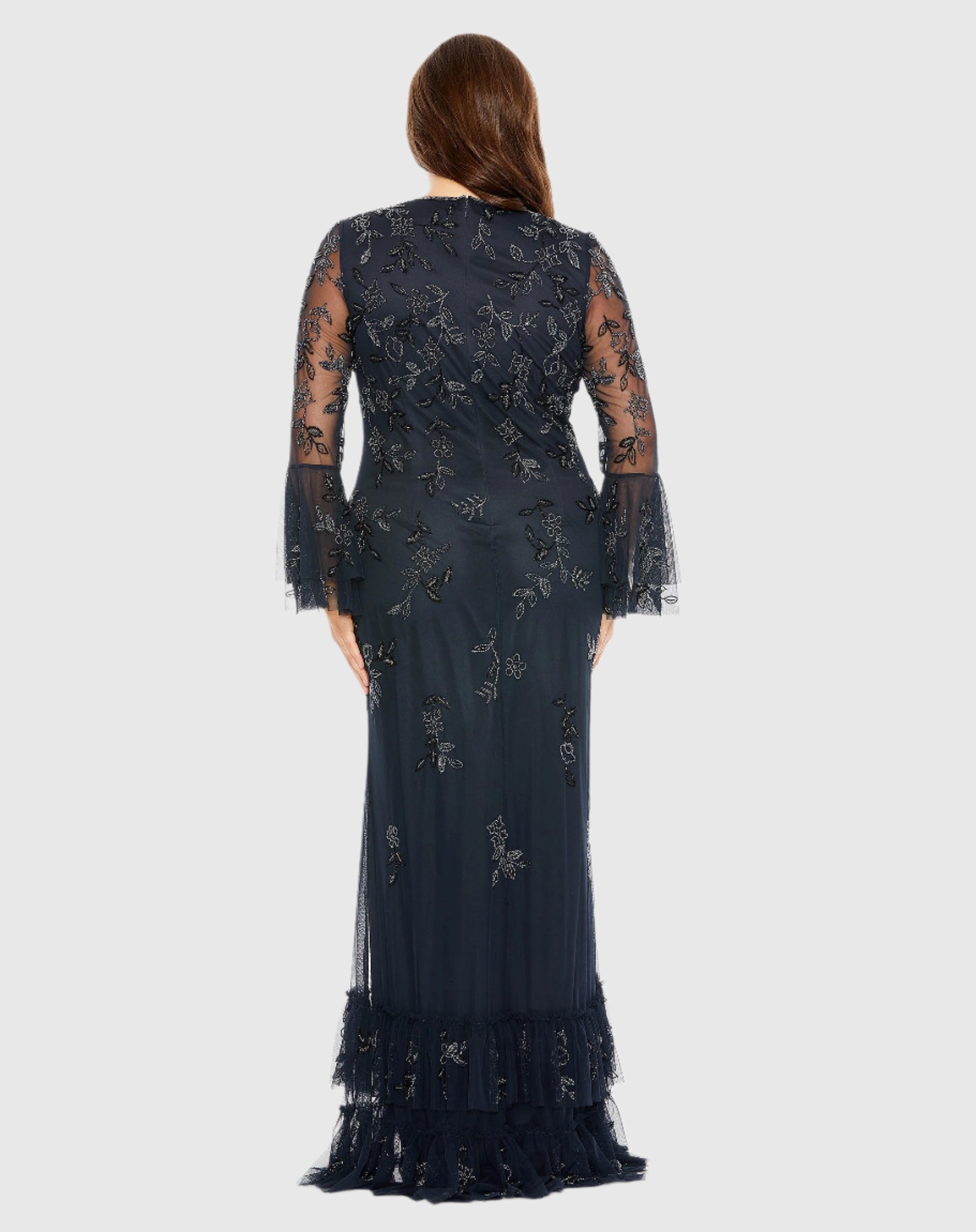 Navy V-neck Embellished Long Sleeve Gown - FINAL SALE