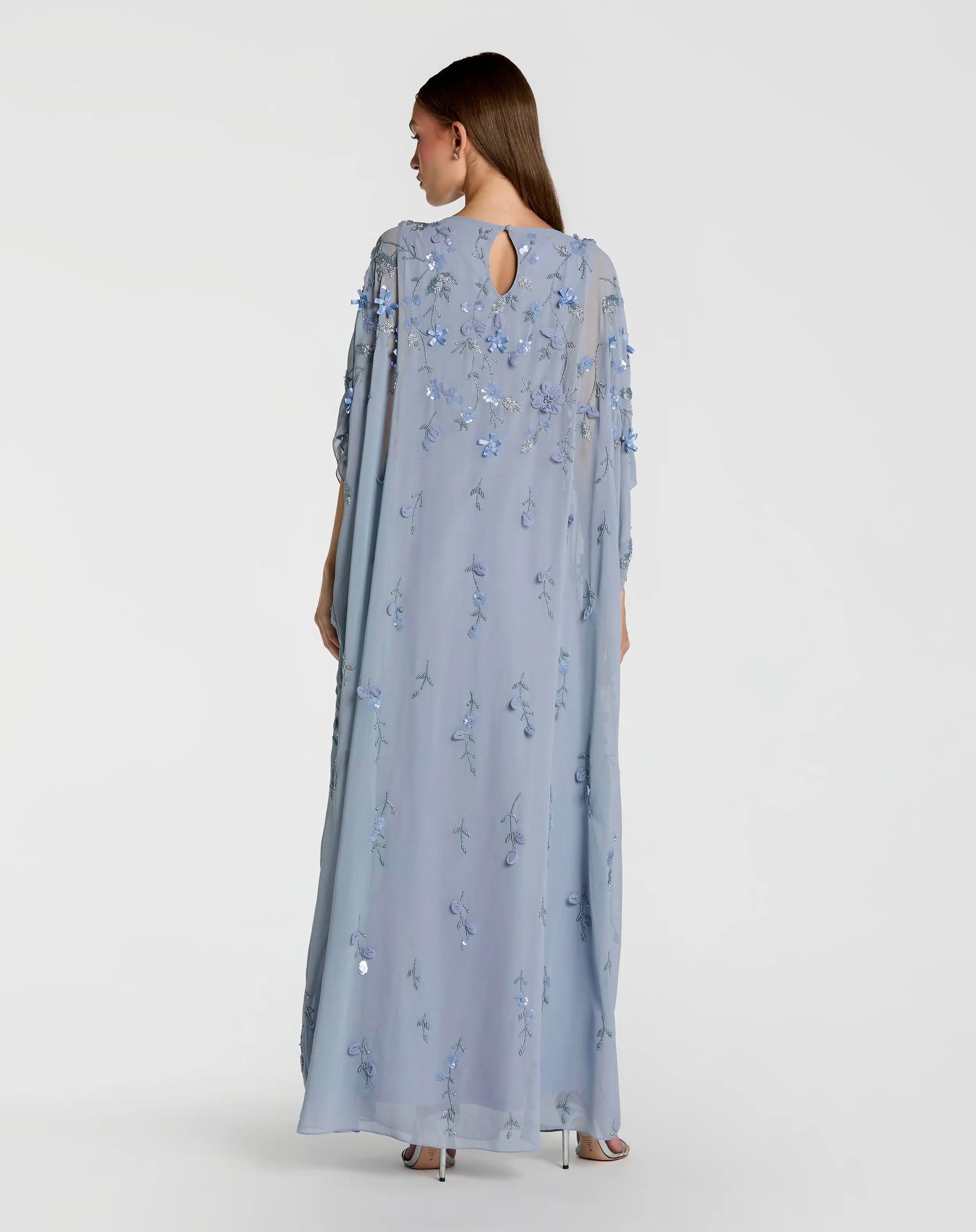Blue Embellished Kaftan Gown With 3D Flowers