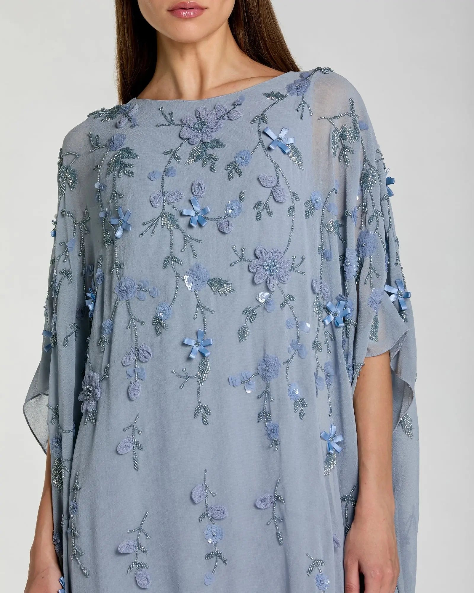 Blue Embellished Kaftan Gown With 3D Flowers