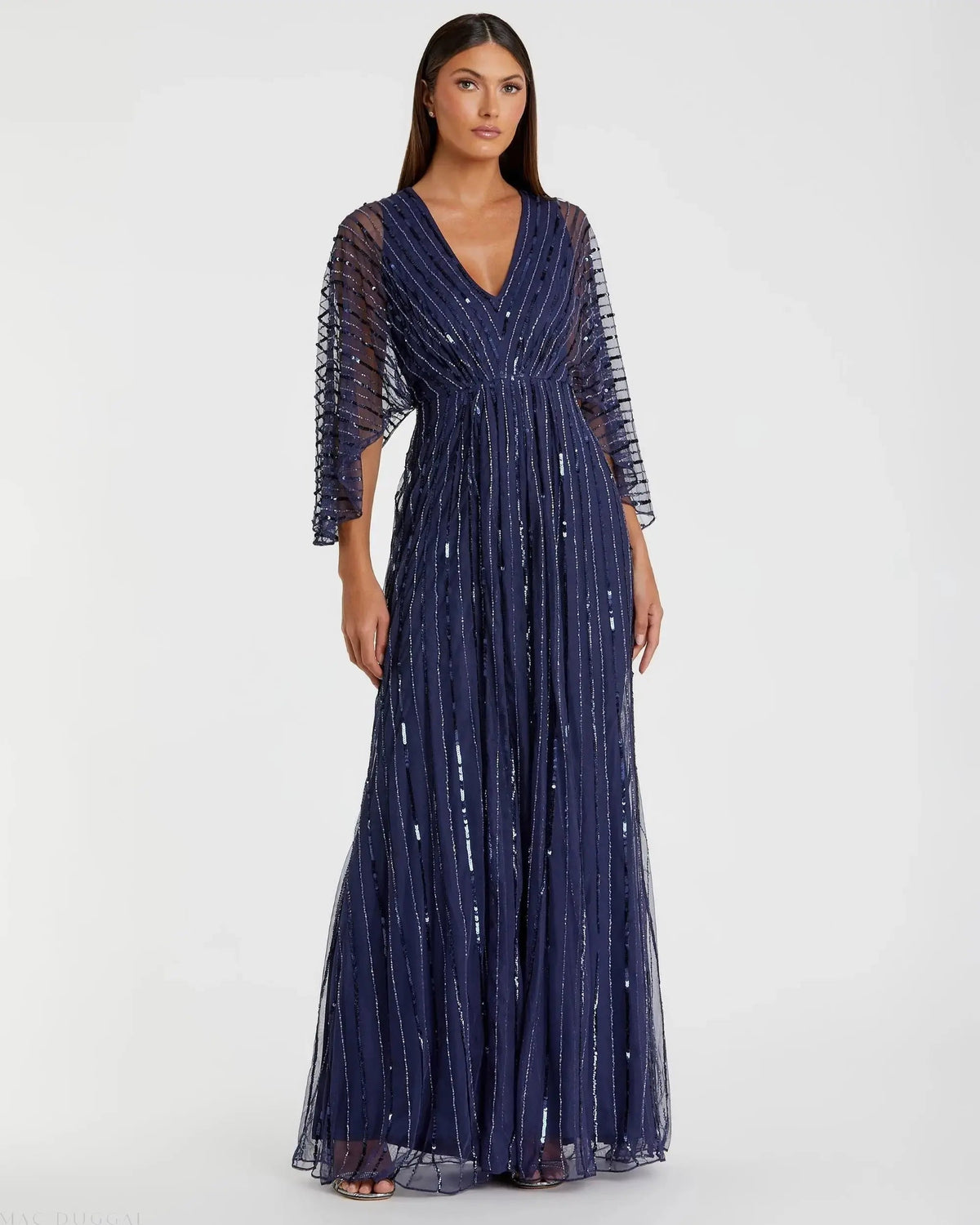 Navy Beaded Striping Kimono Sleeve V Neck Gown - FINAL SALE