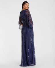 Navy Beaded Striping Kimono Sleeve V Neck Gown - FINAL SALE