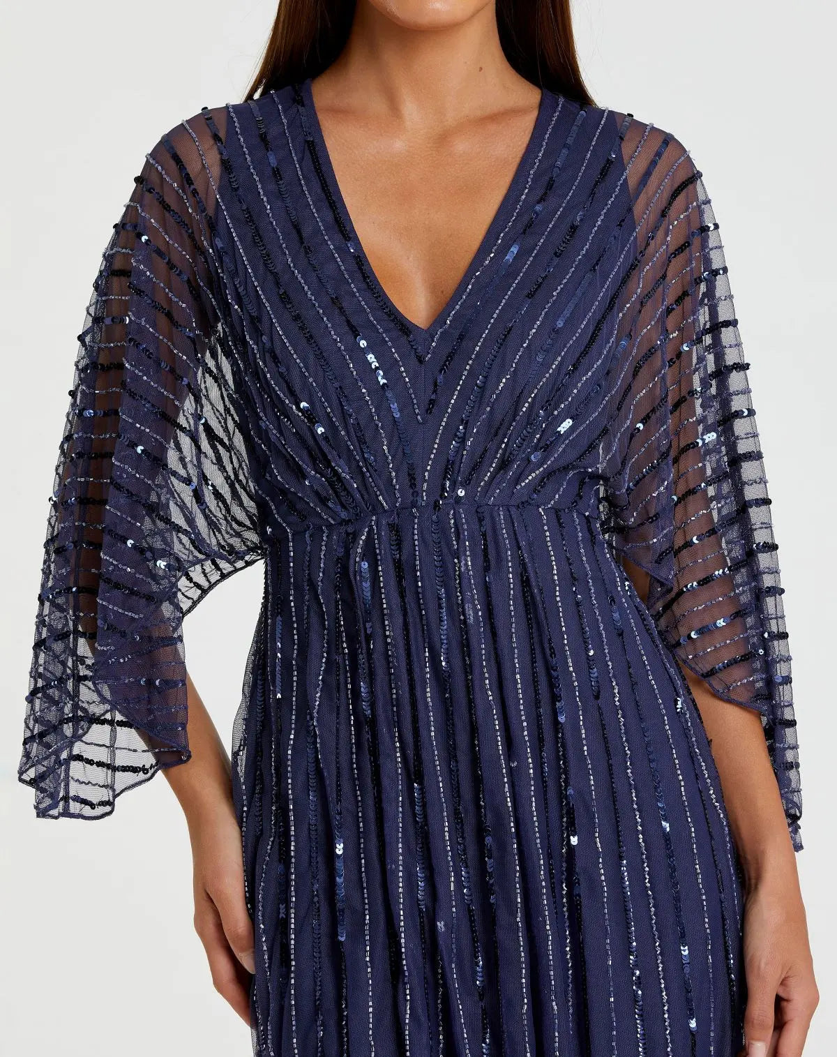 Navy Beaded Striping Kimono Sleeve V Neck Gown - FINAL SALE