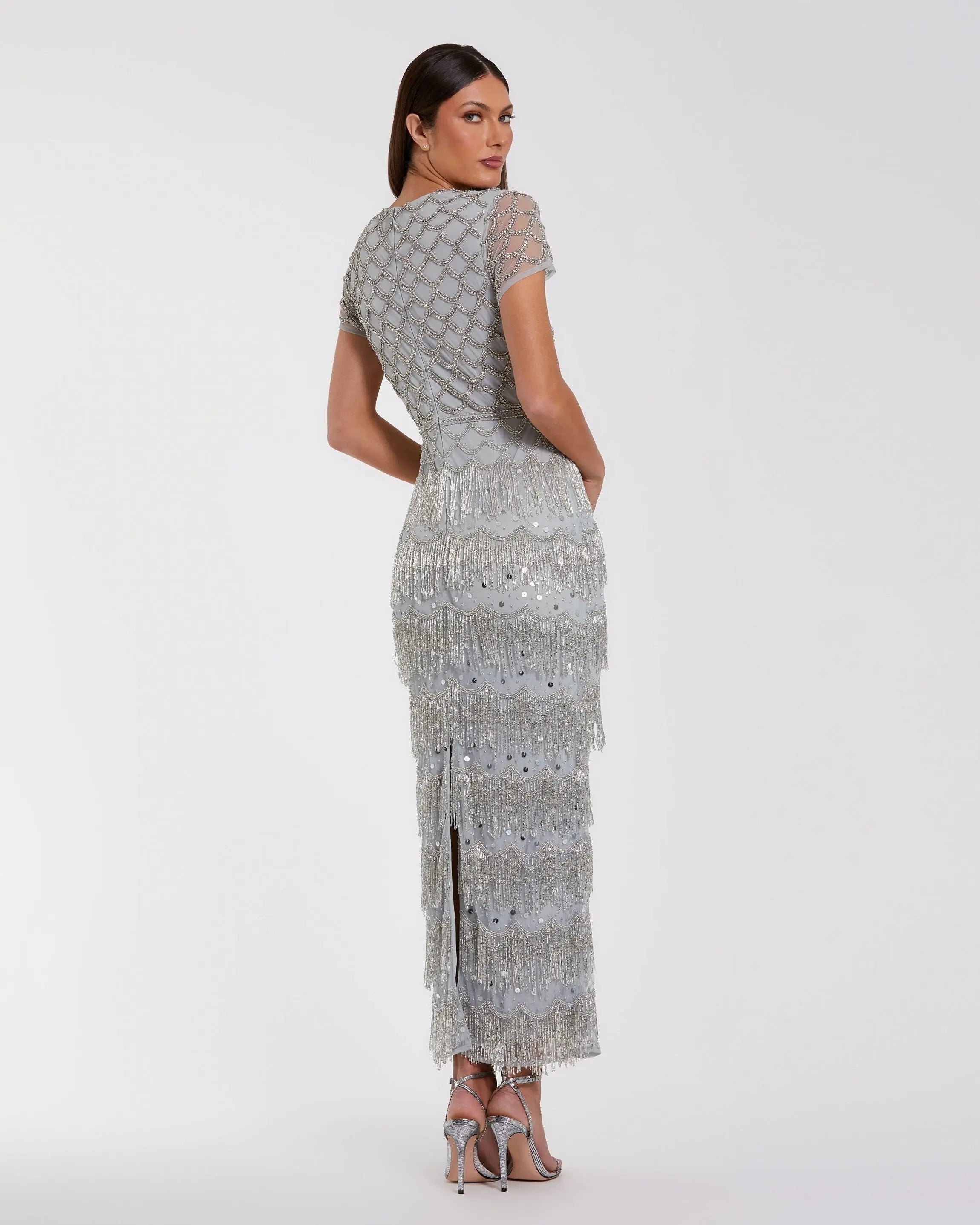 Blue Cap Sleeve Embellished Fringe Maxi Dress