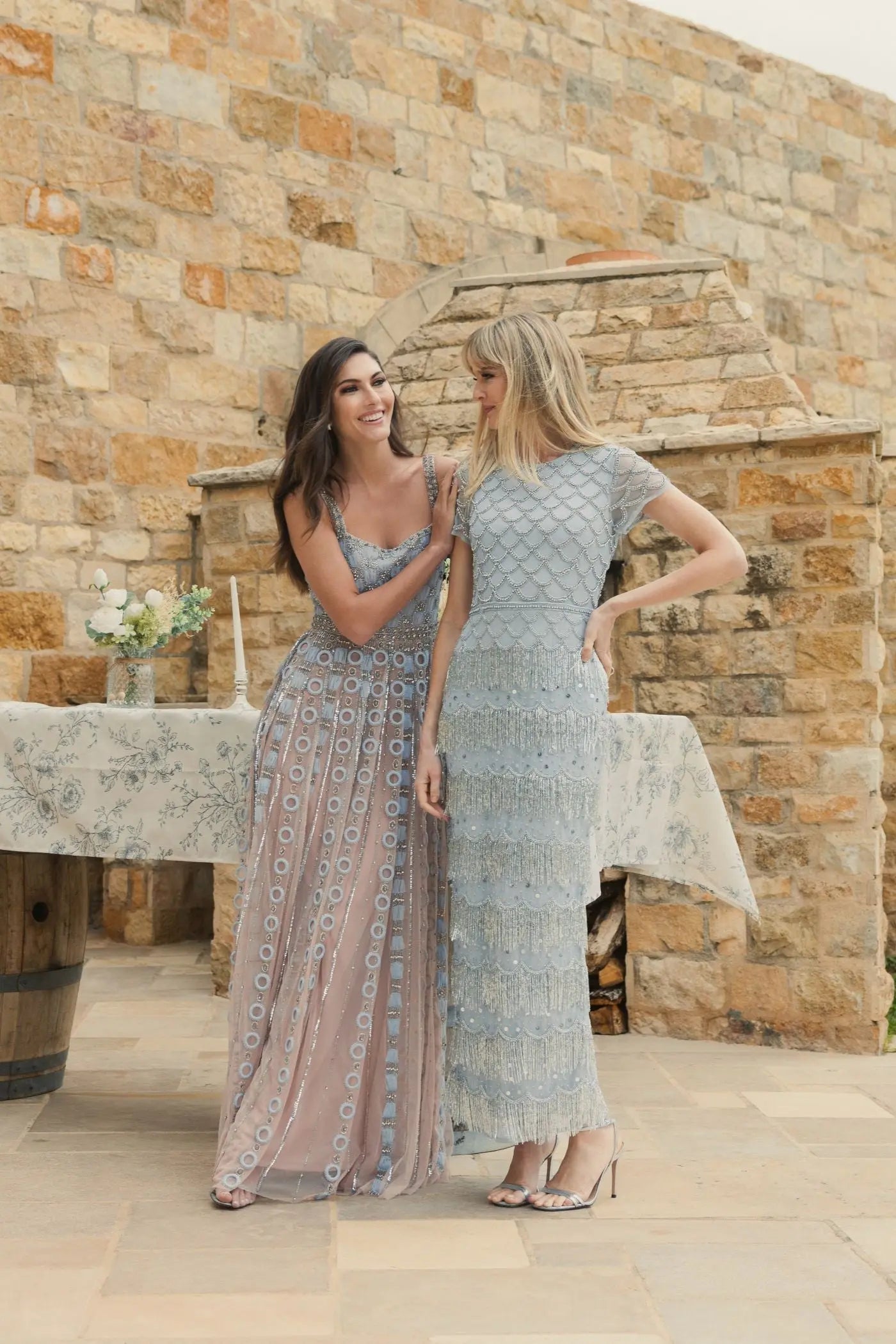 Blue Cap Sleeve Embellished Fringe Maxi Dress