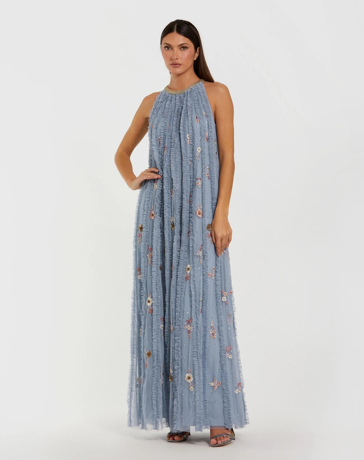 Blue Ruffled Trapeze Gown with Floral Embroidery