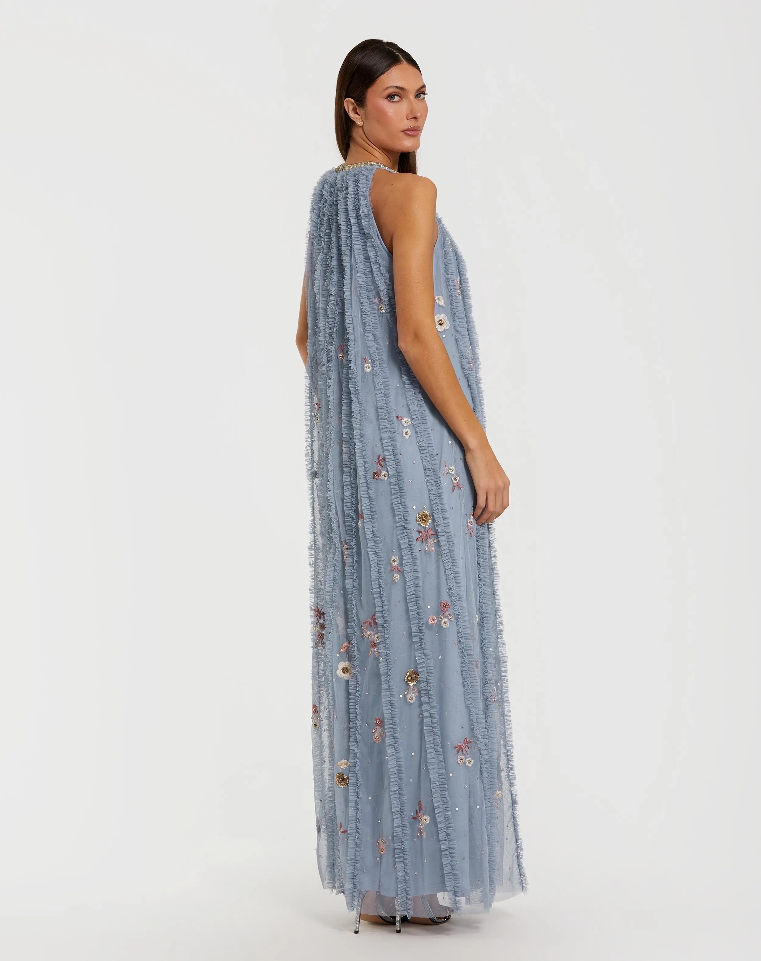 Blue Ruffled Trapeze Gown with Floral Embroidery