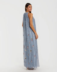 Blue Ruffled Trapeze Gown with Floral Embroidery