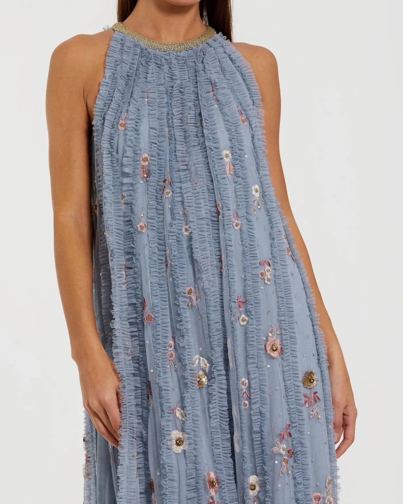 Blue Ruffled Trapeze Gown with Floral Embroidery