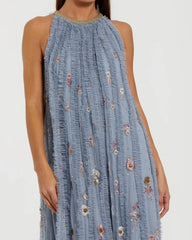 Blue Ruffled Trapeze Gown with Floral Embroidery