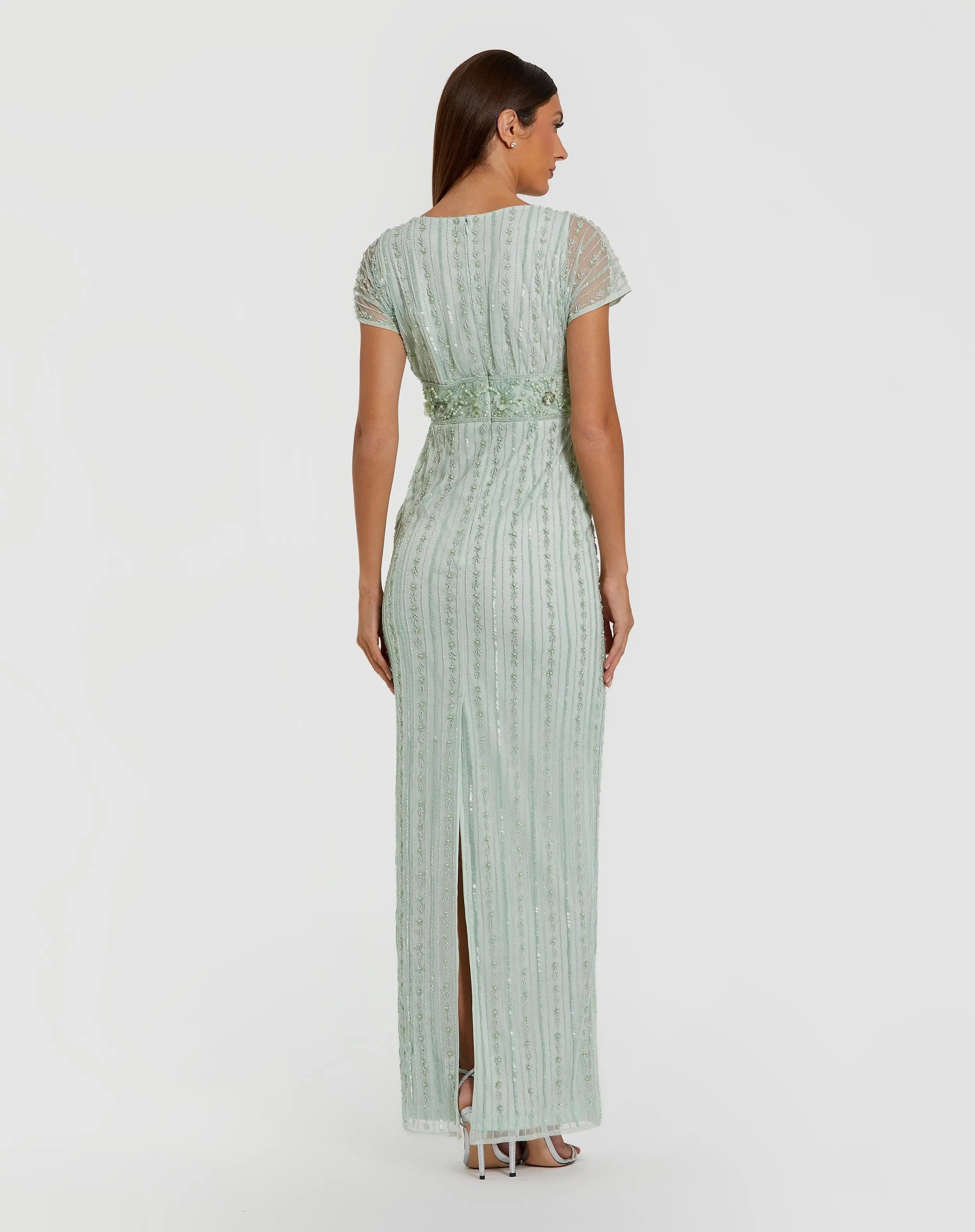 Blue Beaded Blouson Column Gown