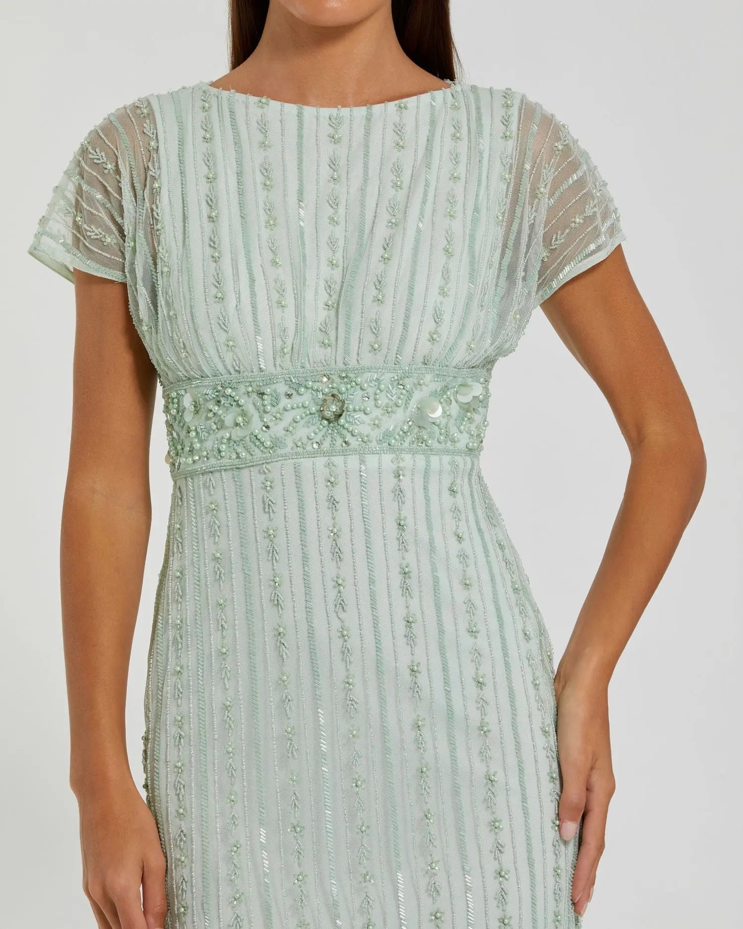 Blue Beaded Blouson Column Gown