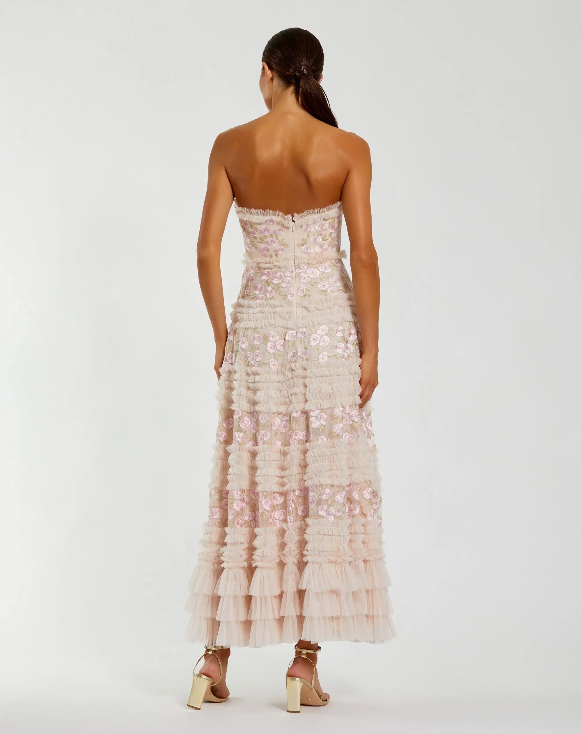 Pink Floral Embroidered Strapless Ruffle Maxi Dress
