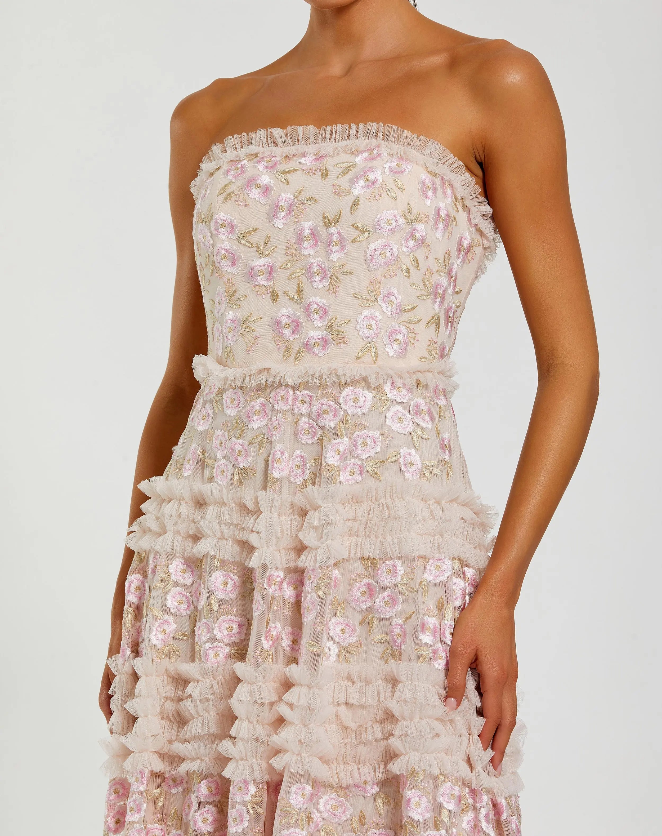 Pink Floral Embroidered Strapless Ruffle Maxi Dress