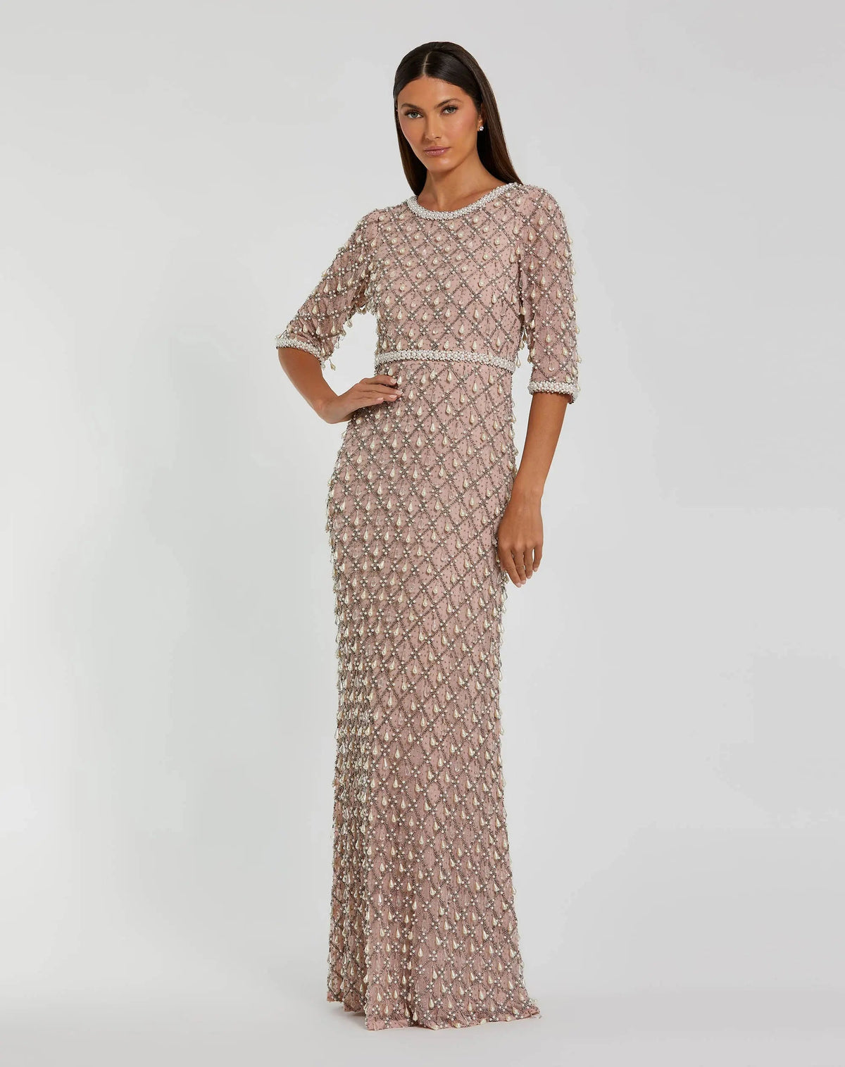 Petite Pink Pearl Embellished 3/4 Sleeve Gown