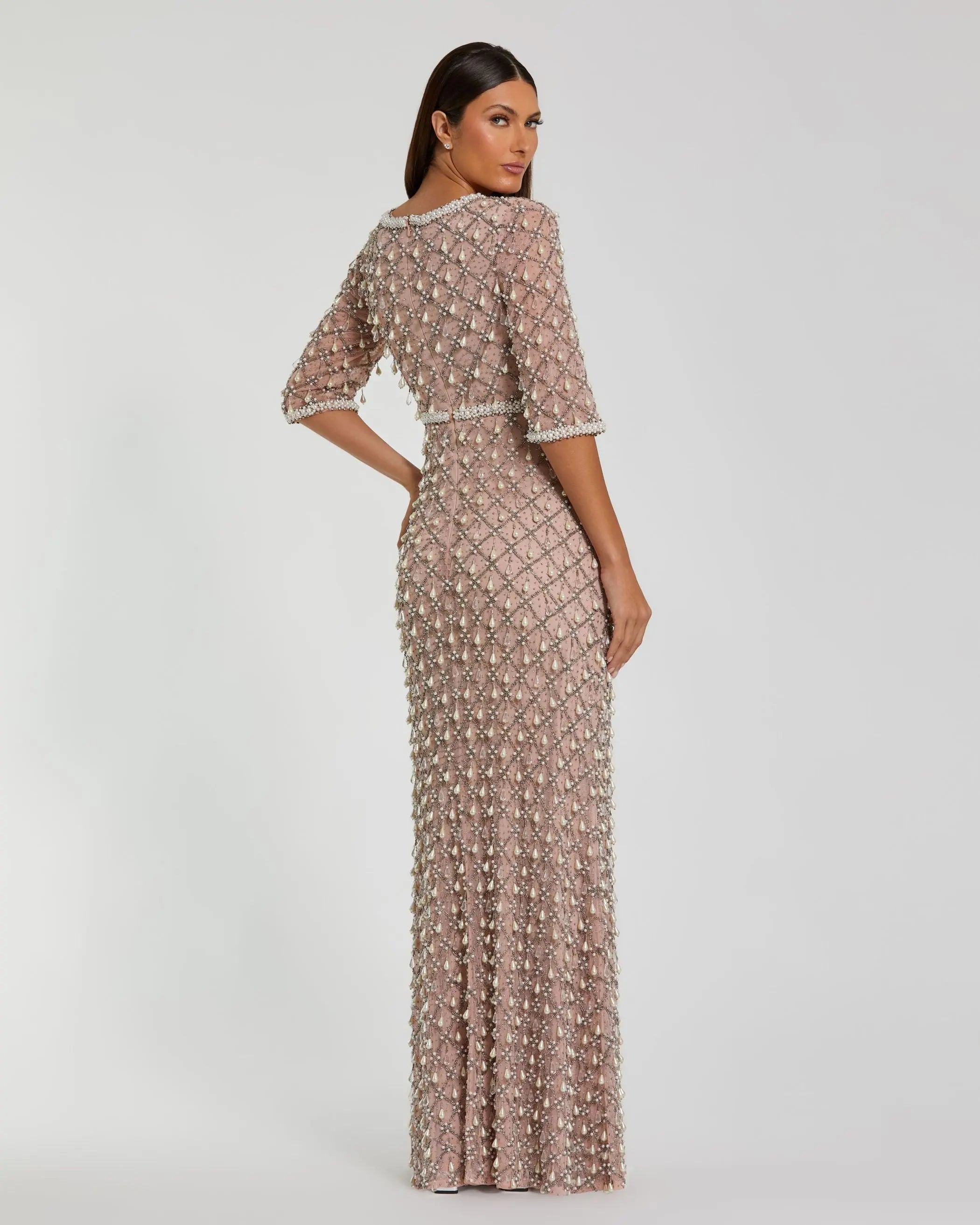 Petite Pink Pearl Embellished 3/4 Sleeve Gown