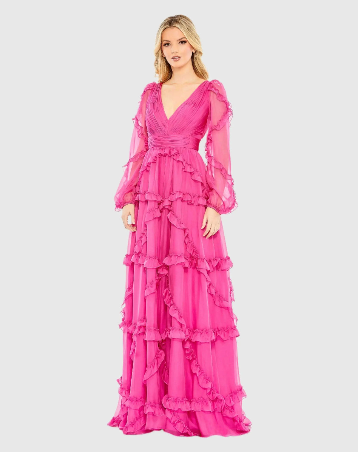 Pink Ruffle A-line Gown with Sheer Long Sleeves