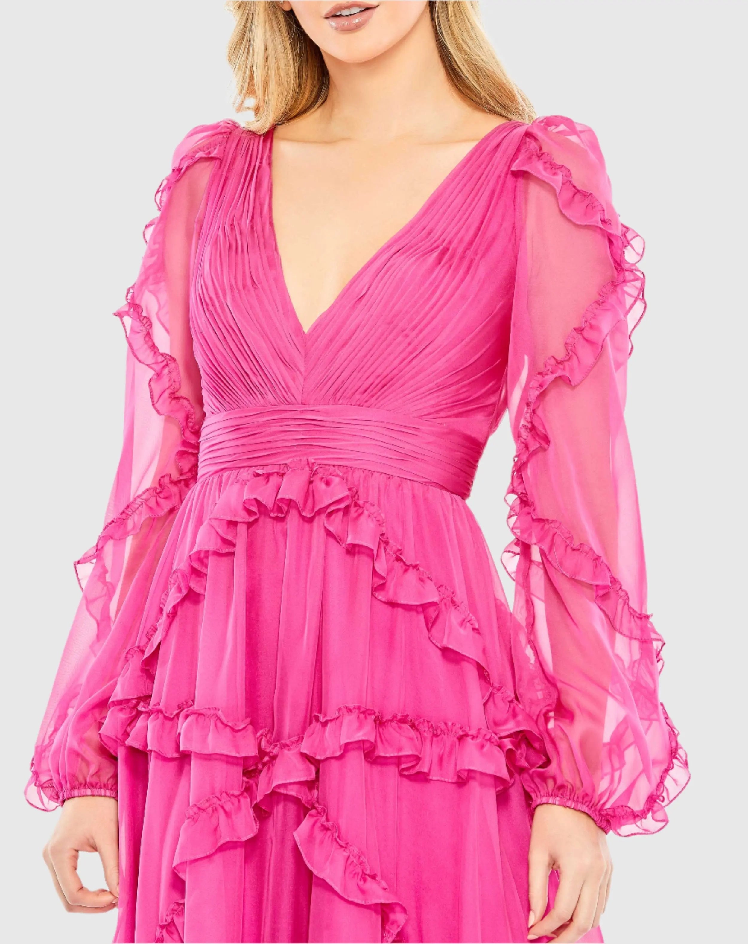 Pink Ruffle A-line Gown with Sheer Long Sleeves
