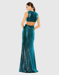 Teal Metallic Cut Out Gown with High Slit - FINAL SALE